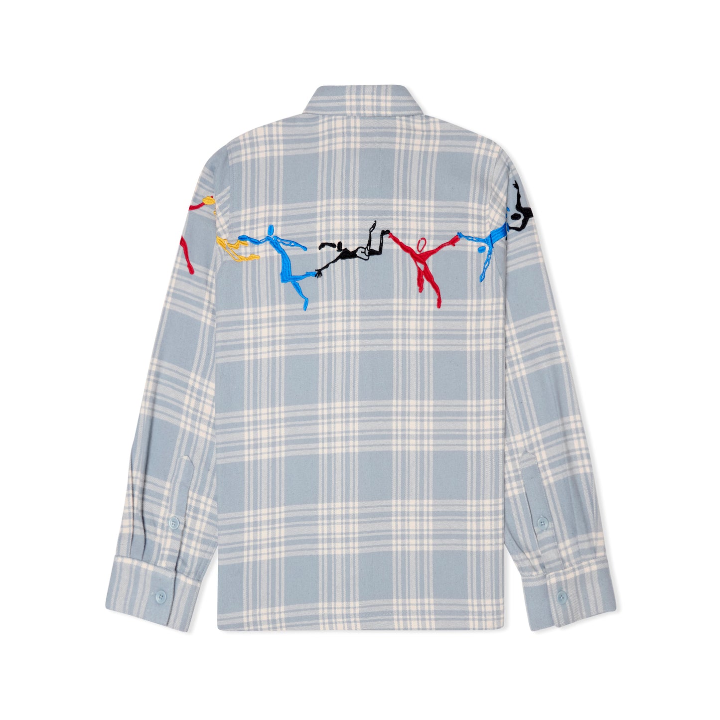 Embroidered Swinging Figures Flannel Shirt [Blue]