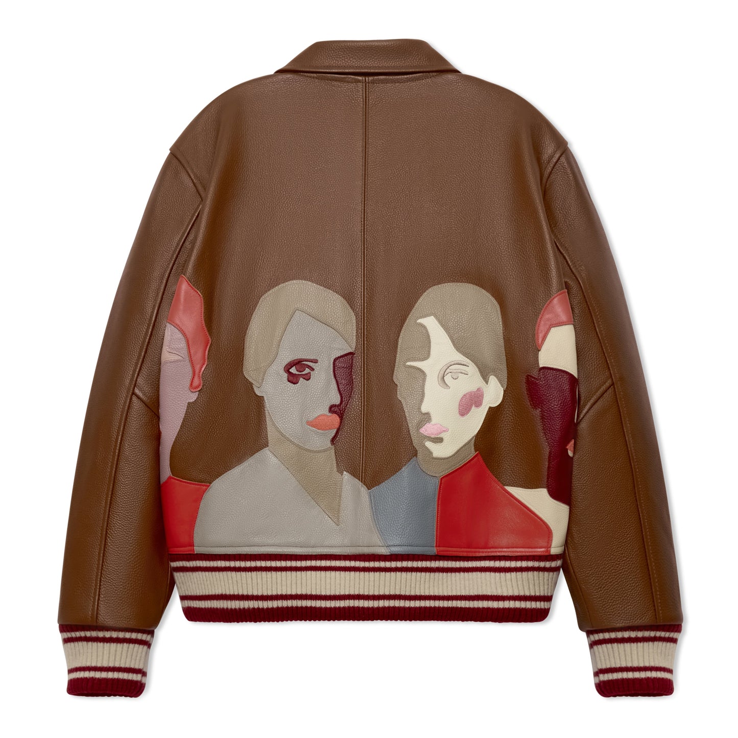 Patchwork Portraits Leather Varsity Jacket [Brown]