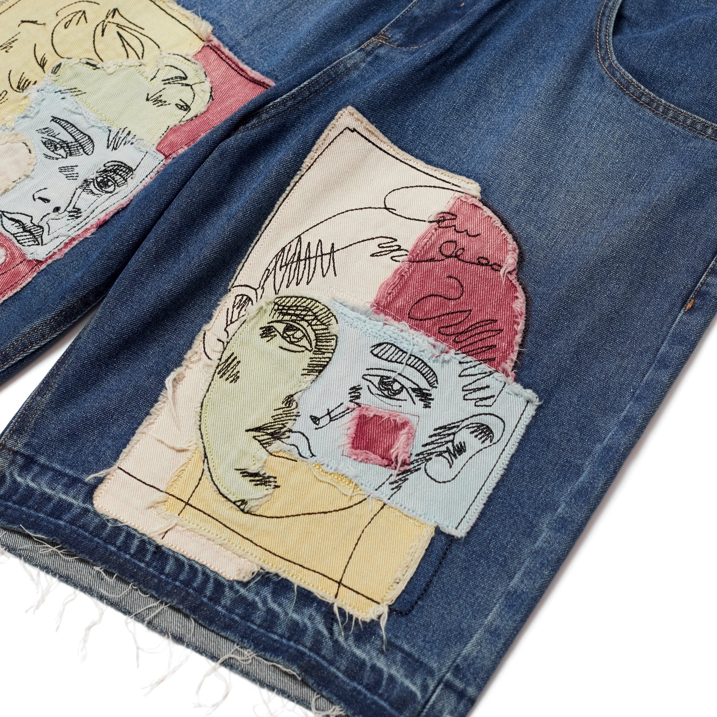 Boy & Girl Doodles Patchwork Baggy Shorts [Dark Wash]