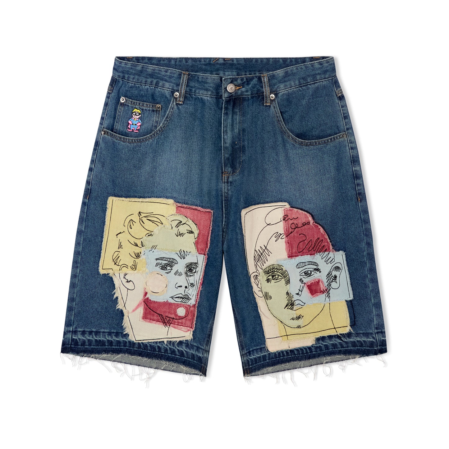Boy & Girl Doodles Patchwork Baggy Shorts [Dark Wash]