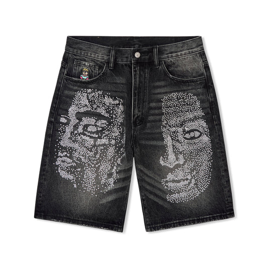 Rhinestone Face Shorts [Washed Black]