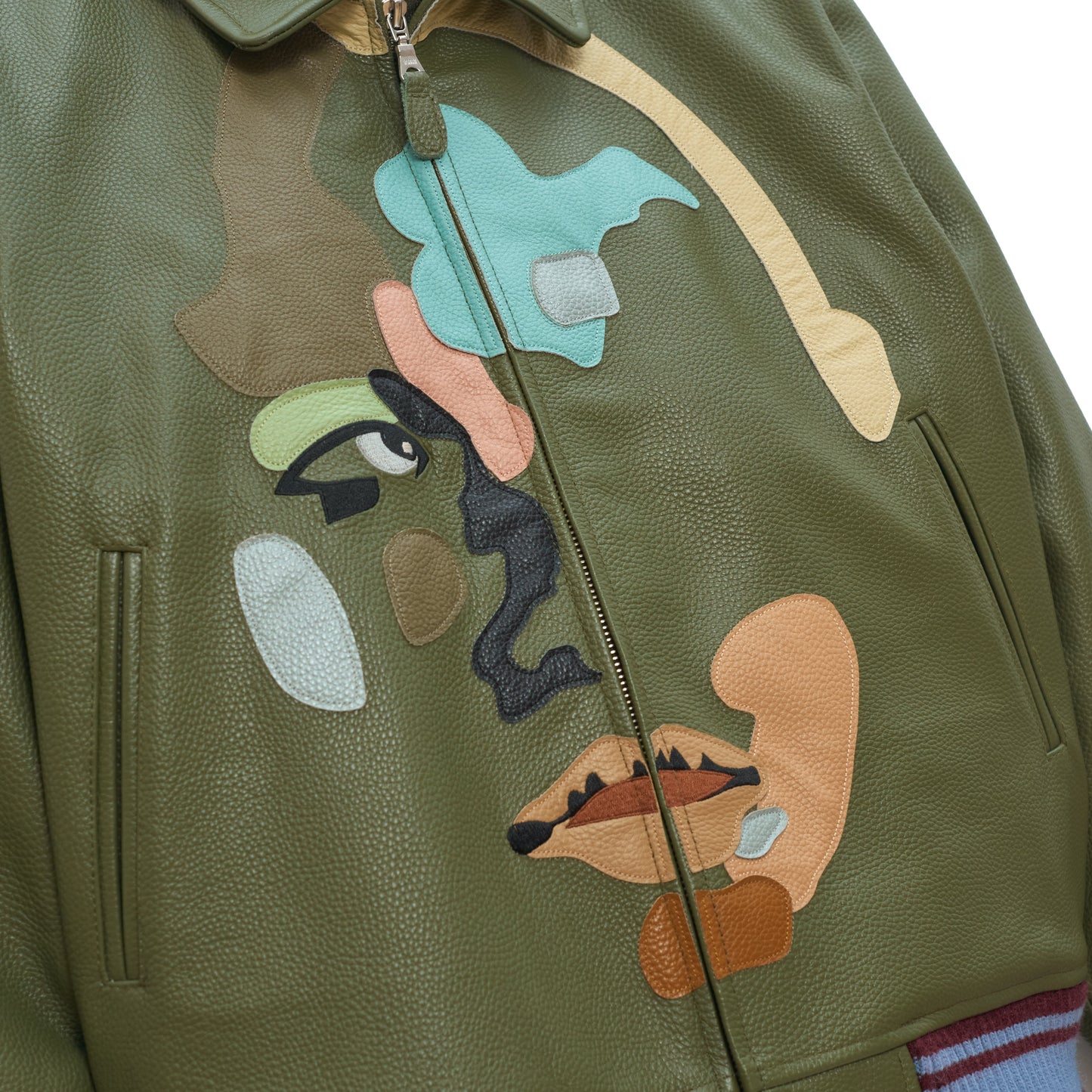 Patchwork Face Leather Varsity Jacket [Green]